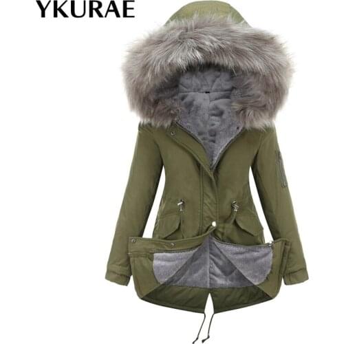 Womens Coat Warm Jacket Hooded Cotton Clothes Fleece Snow Coats Fur Collar Streetwear Punk Jackets Brand Clothing EU Size FL098