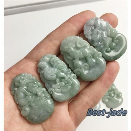 1SET 12 Chinese Zodiac Natural Grade A jadeite Burma jade Green pendant Dragon Ox snake goat rabbit rat dog horse pig necklace