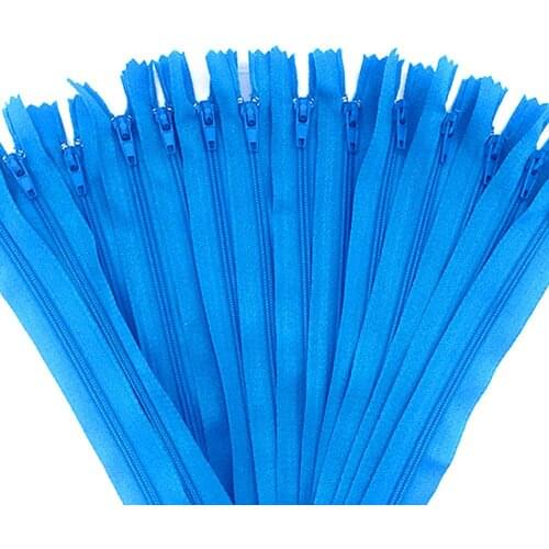 10 pieces. 55cm (22inch) Blue nylon coil, zipper, tailor, crafter and fgdqrs