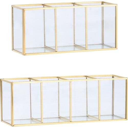 2x Nordic Gold Grid Glass Flip Storage Tank Box Luxury Modern Cosmetics Storage Box Container Micro-Landscape Flower Room B & C