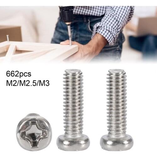 662Pcs M2/M2.5/M3 Phillips Screw Burr-free Durable Precise Thread 304 Stainless Steel Screws Nuts Washer Set for Machines