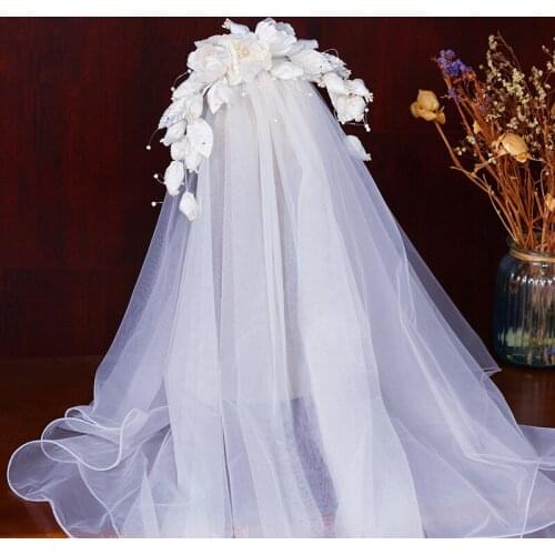 Beige Handmade Flower Brides Wedding Veil Wedding Pearls Hairbands Bridal Dresses Accessory