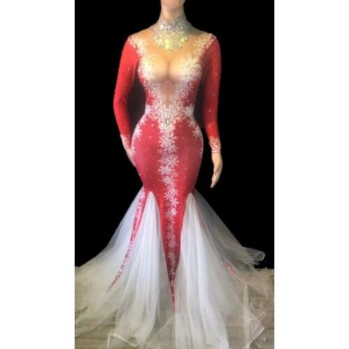 Shinning Fashion Female Long Sleeves Singer Costumes Rhinestone Women Luxury Slim Trumpet Dress Party Prom Women Banquet Dress