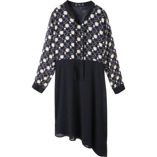 Plus Size 10XL 8XL 6XL 4XL Women Long Sleeves Autumn Dress Elegant Floral Print Patchwork Black Chiffon Dresses OL Work Wearing