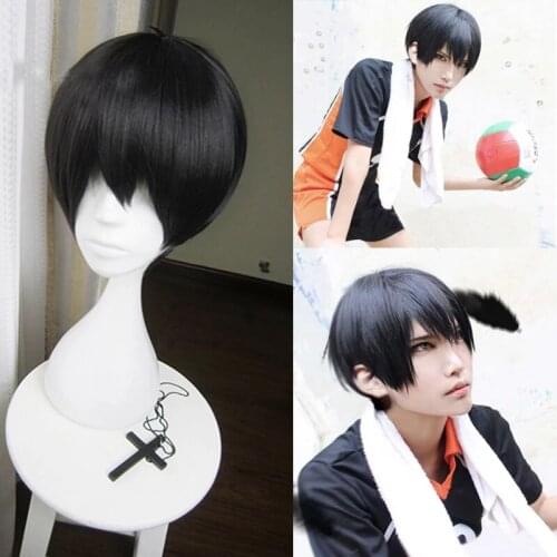 Haikyuu!! Tobio Kageyama High School Volleyball Club Kageyama Tobio Short Black Heat Resistant Hair Cosplay Costume Wig +Wig Cap