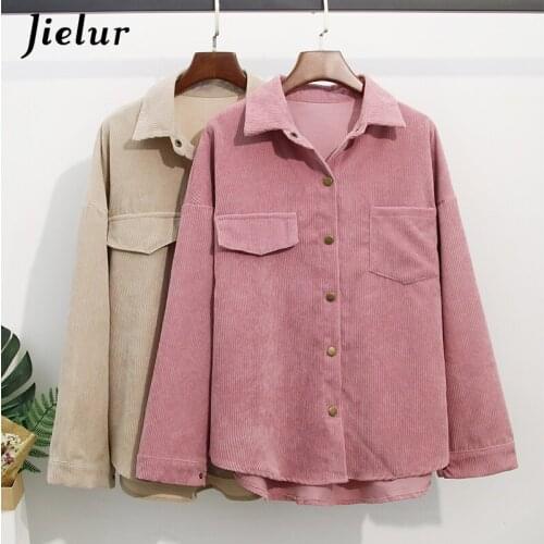 Jielur Long Pure Color Women Coat Loose Hipster Shirt 2021 Autumn Outerwear Turn-down Collar Button Chic Jacket Femme Apricot