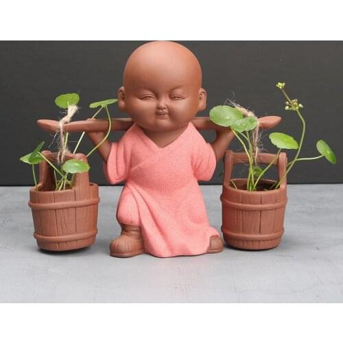 Creative Little Monk Flower Pot Ceramic Hydroponic Green Grass Plant Pot Picking Water Wooden Barrel Ornament Home Decoration
