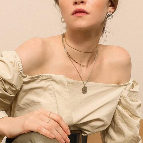 Multilayer Moon World Map Pendant Necklace Lady Round Vintage Bohemian Coin Collar Jewelry Lady Multilayer Necklace