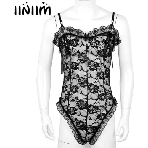 New Mens Lingerie Bodycon Spaghetti Straps See Through Lace Nipple Splits with Ribbon Sissy Thong Jockstraps Bodysuit Nightwear