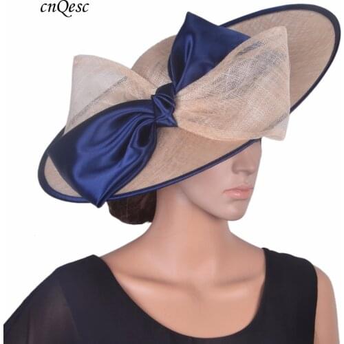 NEW DESIGN Beige/navy X Large saucer hatinator Sinamay base fascinator wedding hat with large bow for Kentucky Derby,races