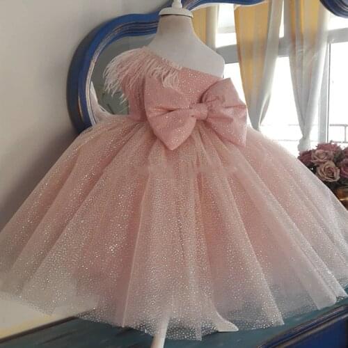 Infant Girls Dresses Puffy Glitter Tulle Feather Flower Girl Dress Kids Clothes Birthday Party Gowns for Girls