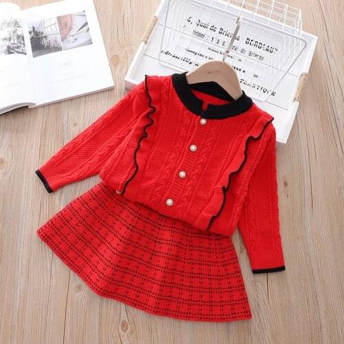 Christmas Baby Girl Clothes Winter 2021 New Clothing Sets Casual Printing Knitted Sweater Cardigan+Pleated Skirt Two-Piece Suit