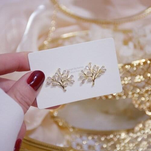 Delicate Fashion Transparent Crystal Tree Leaf Earring for Girl 14K Real Gold Zirconia Small Stud Earring Wedding Party Jewelry