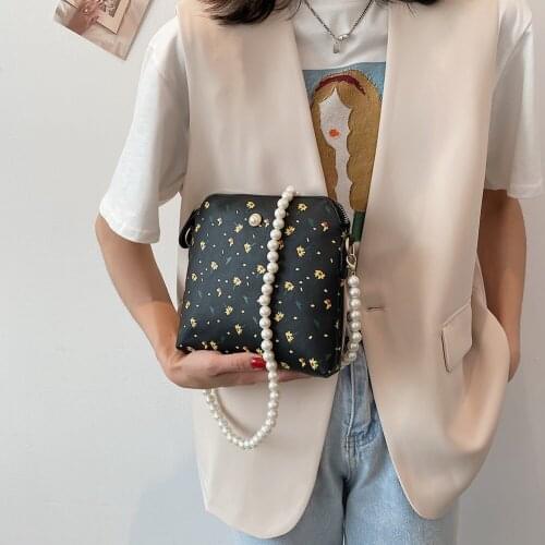 2021 Fashion Women Floral Print Shoulder Bags Soft PU Leather Messenger Bag Pearl Chain Crossbody Elegant Female Bucket Bag