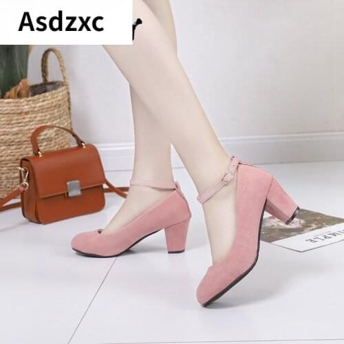 Sexy Beige Ankle Strap 5CM High heels Autumn Flock Round toe Pumps Female Summer Shoes Women Fashion Shallow Pumps Sandals