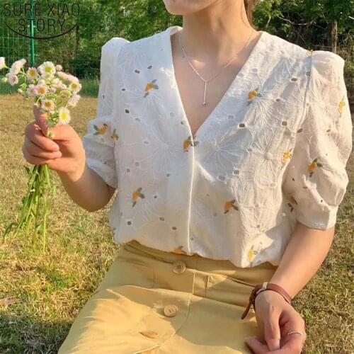 2021 Korean Puff Short Sleeve Shirt Sweet Chic Floral Embroidery Blouse V-neck Women Bloues Summer Hollow Out Loose Tops 15171