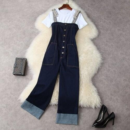European and American womens wear for summer 2021 Short sleeved white T-shirt Denim overalls Fashion suits