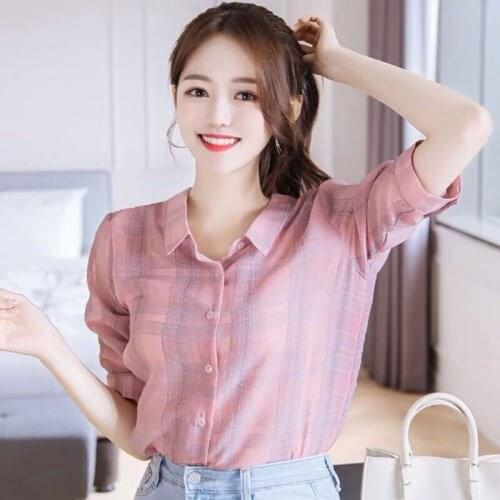 Womens Spring Summer Style Chiffon Shirt Blouses Womens Striped Short Sleeve Button Collar Casual Tops SP278