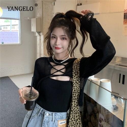 Sunscreen Blouse Womens New Design Y2K Tops 2021 Sexy Black Long Sleeve Knit Bandage Blouse Streetwear Tumblr Ladies Clothes