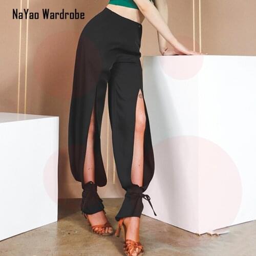 2021 New W714 Latin Dance Trousers Women Bare Knee Hole Latin Dance Pants Ballroom Samba Tango Chacha Belly Dancing Performamnce