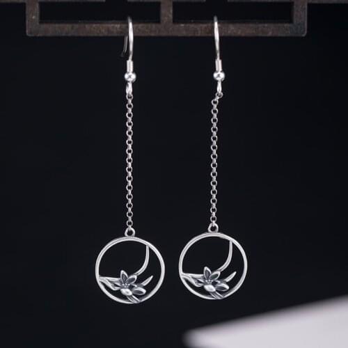 VLA Real 925 Silver Retro Long Orchid Earrings Womens Simple Temperament Fashion Flower Earrings
