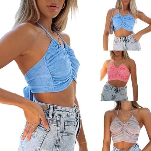2021 Women Summer Crop Tops Solid Color Lace-Up Halter Neck Backless Tank Tops for Girls Pink/Blue/Gray