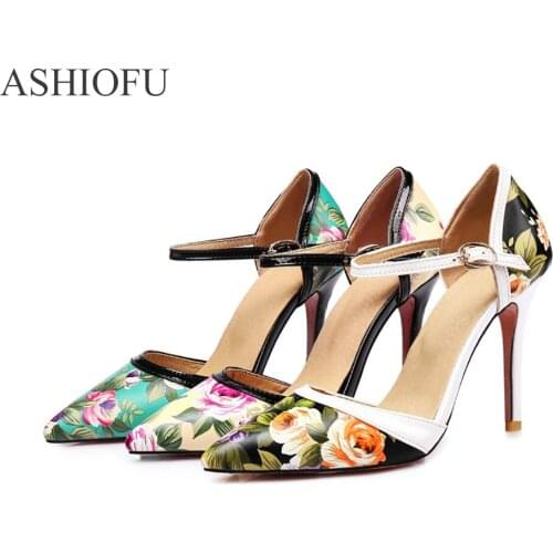 ASHIOFU New Ladies High Heel Pumps Flower Leather Chinese Retro Wedding Party Dress Shoes Buckle Strap Fashion Court Shoes