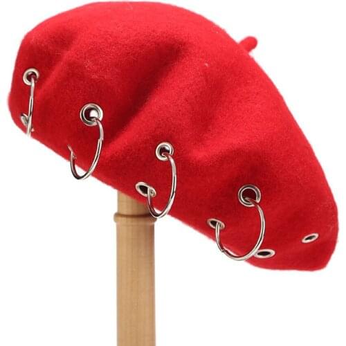 Fashion Autumn Winter Berets For Women Girl Punk Rock Style Iron Rings Beret Hats Retro Wool Caps Red Woolen Painter Caps Берет