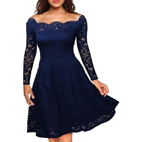 Women Embroidery Sexy Hollow Out Lace Off Shoulder Long Sleeve Tight Waist Party Midi Dress Fit and Flare Vintage Dress