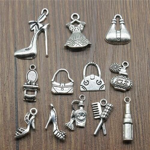 20pcs Antique Silver Color WomenS Daily Necessities Charms Evening Dress Bags High Heel Perfume Lipstick Charms