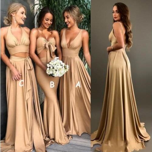 2021 Sexy Gold Bridesmaid Dresses A Line V Neck Long Boho country beach Maid of Honor Gowns Plus Size Wedding Guest Wears
