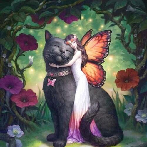 5D DIY Full Square Round Resin Diamond Painting Cat and The Butterfly Fairy Cross Stitch Embroidery Mosaic Home Docer