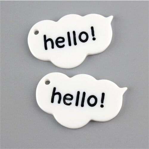 Julie Wang 10PCS Resin White "hello" Tag Charms English Brand Pendant Bracelet Jewelry Making Accessory Decor 45*26mm