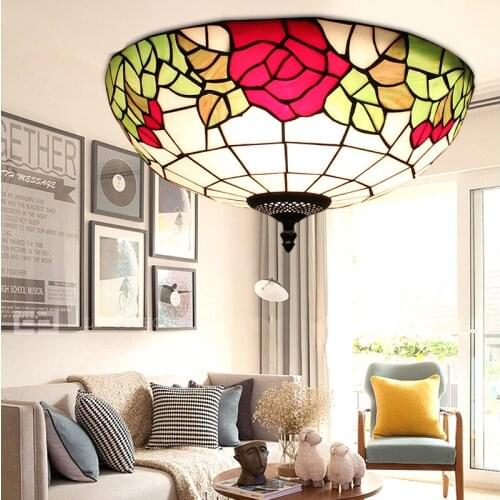 European Tiffany 8/12/16 inch retro Glass Mediterranean style pastoral Red/Pink Rose Ceiling Light luminaria For Home Decoration