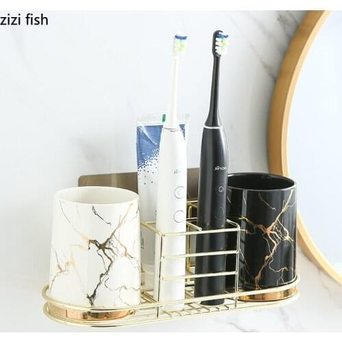 Marble Texture Ceramic Mug with Storage Rack Tea Cup Coffee Mugs Juice Drink Cup Bathroom Accessories Couple Brushing Cups