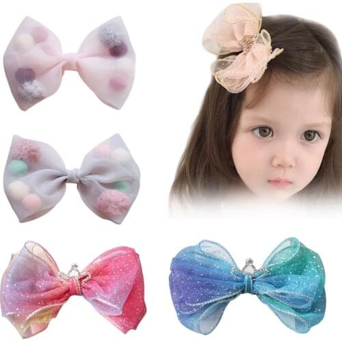 Korean Princess Style Colored Fur Ball Net Yarn Lace Bow Duckbill Clip Side Clip Childrens Hair Accessories