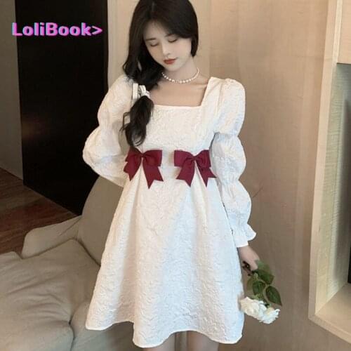 Lolibook Summer Retro Sweet Dress Women Elegant Bow Patchwork Slim Kawali Dress Korean Holiday Pretty Party Casual Chic Dress
