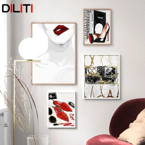 Fashion Girl Makeup Bag Heels Lipstick Canvas Painting Nordic Posters and Prints Wall Pictures for Living Room Home Decor