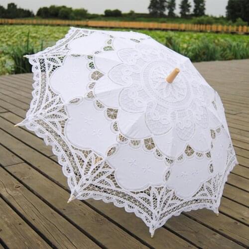 New Sun Umbrella Cotton Embroidery Bridal Umbrella White Ivory Battenburg Lace Parasol Umbrella Decorative umbrella for wedding