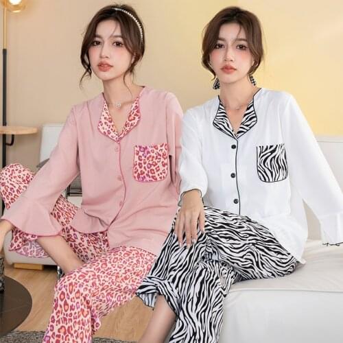 2021 Autumn Long Sleeve Cotton Pajama Set for Women Korean Sexy Leopard Sleepwear Suit Pyjama Homewear Pijama Mujer Home Clothes
