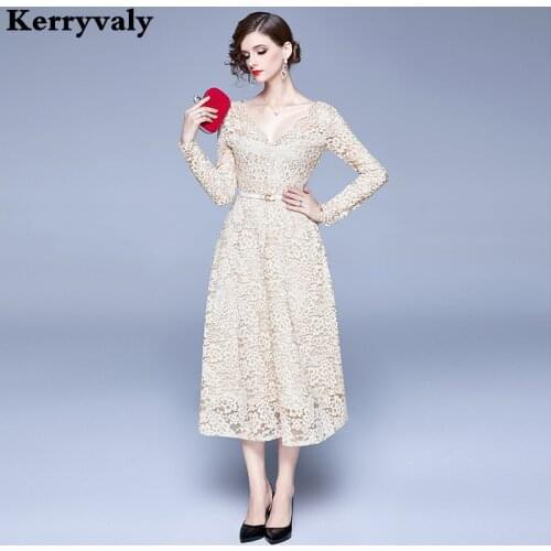 Autumn Long-Sleeved Midi Beige Lace Dress Vestidos Casual Mujer 2021 Women Glamaker V-neck Sexy Party Dress Jurkjes K6298