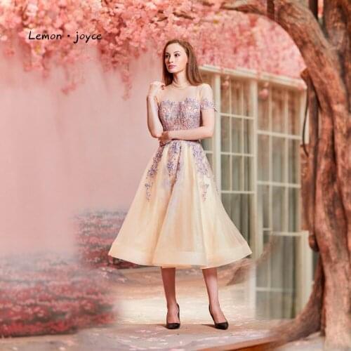 Lemon joyce Champagne Prom Dresses with Short Sleeves High Neck Illusion Backless A-Line Evening Party Gown Plus Size
