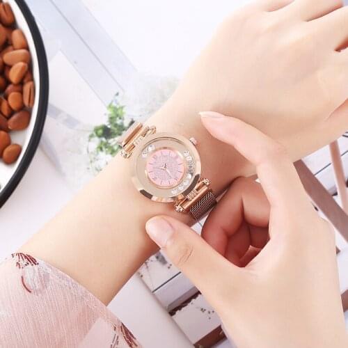 Luxury Rose Gold Spherical Diamond Roman Starry Sky Watch Ladies Fashion Steel Band Quartz Watch Fashion Gift Clock