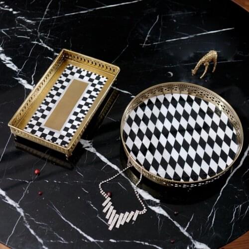 Modern Black And White Lattice Diamond Pattern Gold Tray Luxury Home Decor Round Rectangular Brass Tray Tea Fruit Storage Tray