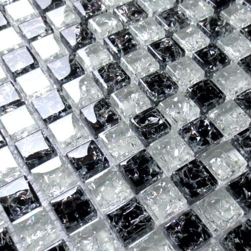 Mediterranean Ice-Cracked Black White Crystal Glass Mosaic Tile for DIY Cabinet Bathroom Shower Tiles Kitchen Backsplash Wall