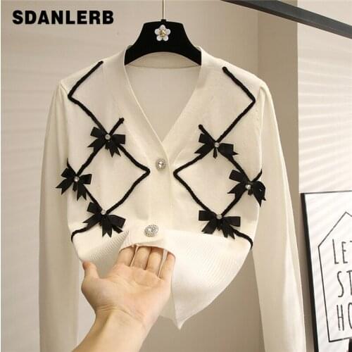 Knitwear Coat Womens Autumn Clothing 2021 New Korean Style Long Sleeve Cardigan V-Collar Contrast Color Bow Slim-Fit Sweater
