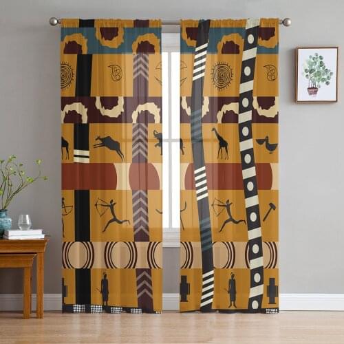 African Style Tribal Culture Elephant Giraffe Voile Tulle Sheer Curtains for Bedroom Living Room Kitchen Decor Window Curtain