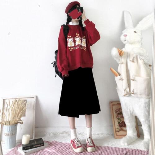 Women Casual Sets Red Arton Print O-neck Hoodies And Black Hight Waist Knee Length Skirts 2021 Spring Two Piece Set Clothes