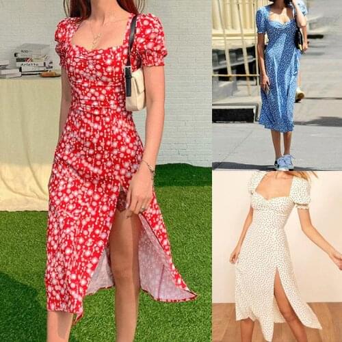 2021 Summer Fashion Sexy Female Elegant Sweet Small Fresh Puff Sleeve Square Neck Split Hip Lift Mid Length Slim Dress