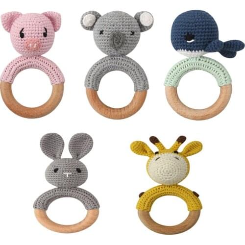 1 Set Baby Newborn Knitted Deer Wooden Ring Teether+Pacifier Clip Chain Dummy Holder DIY Crochet Rattle Bracelet Soother Infant